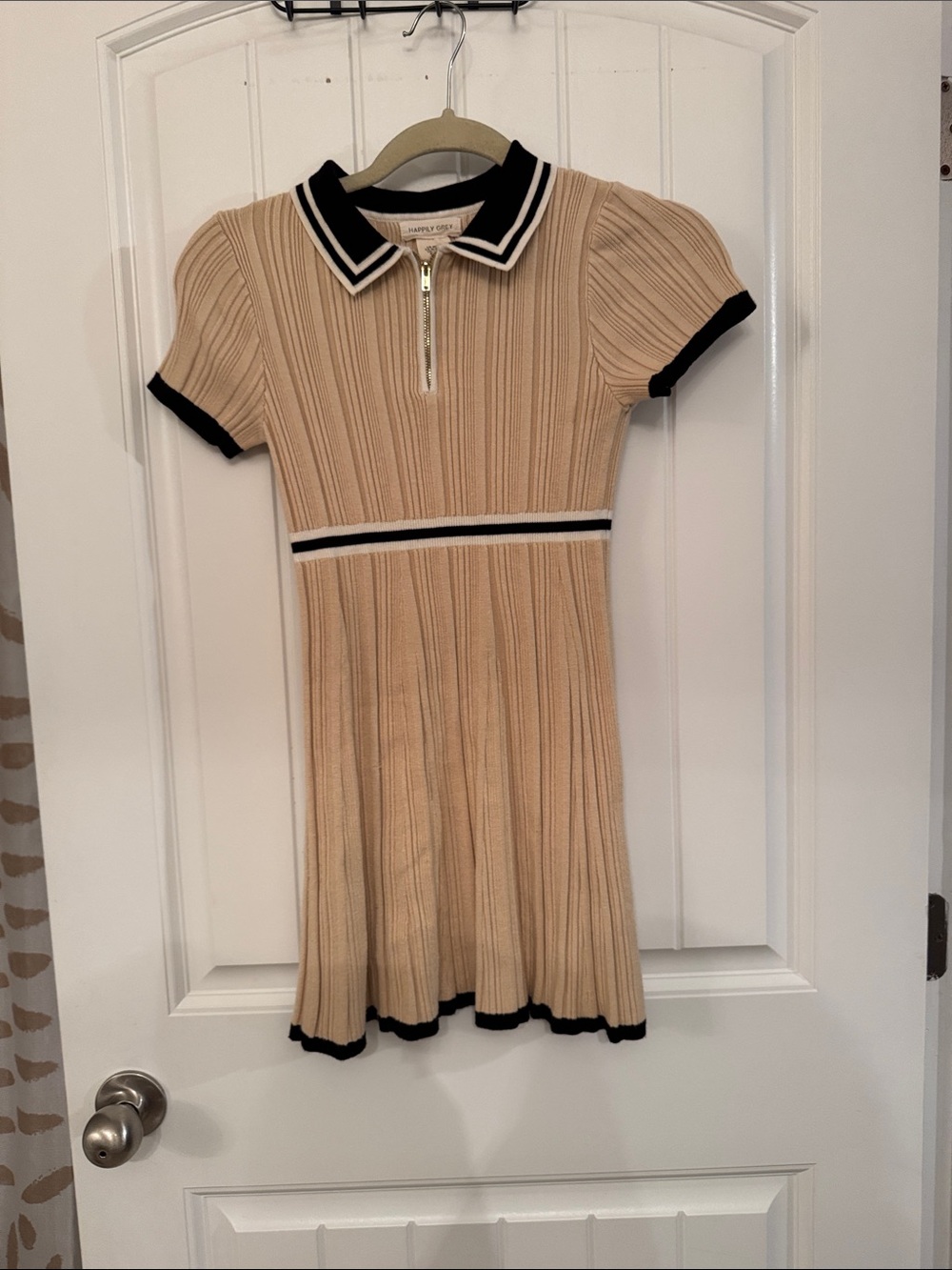 Girls Beige Polo Knit Dress with Black Trim